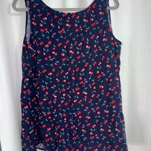 Cherry Print Sleeveless Top - Navy and Red